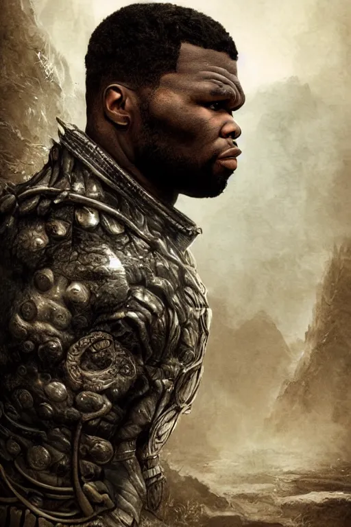 Image similar to highly detailed elden ring portrait photo of a 5 0 cent in a scenic dystopian environment, hyperrealistic illustration by william didier - pouget