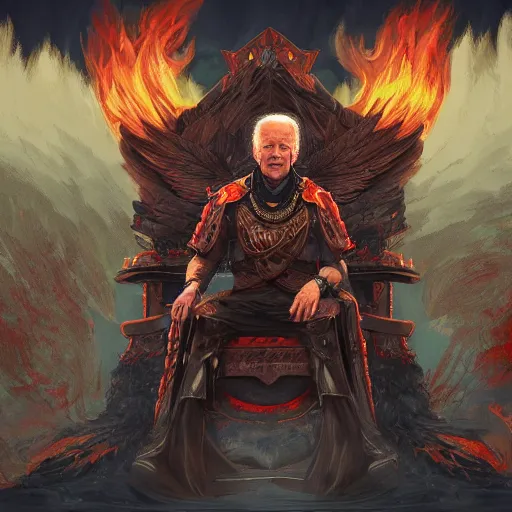 Image similar to Joe Biden sitting on a throne of skulls surrounded by fire, digital painting, highly detailed, trending on Artstation