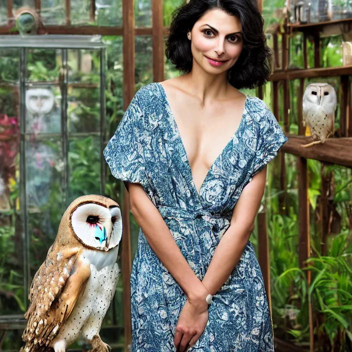 Image similar to portrait photograph of an extremely beautiful!!!! Morena Baccarin , symmetric face!, symmetric round detailed eyes!!, slight smile, natural light, wearing a yellow kimono!! with a very detailed barn owl! on her shoulder in a tropical greenhouse. looking at the camera!!. super resolution. Extremely detailed. Graflex camera!, bokeh!!!!!. art by alphonse mucha