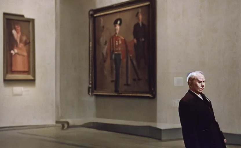 Prompt: 50s movie still close-up portrait of an elder soviet general walking in an empty museum, by David Bailey, Cinestill 800t 50mm eastmancolor, heavy grainy picture, very detailed, low quality, 4k, HD criterion, precise texture and facial expression