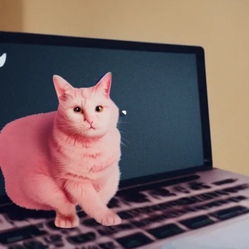 Image similar to a pink cat using a laptop full of twitter stickers