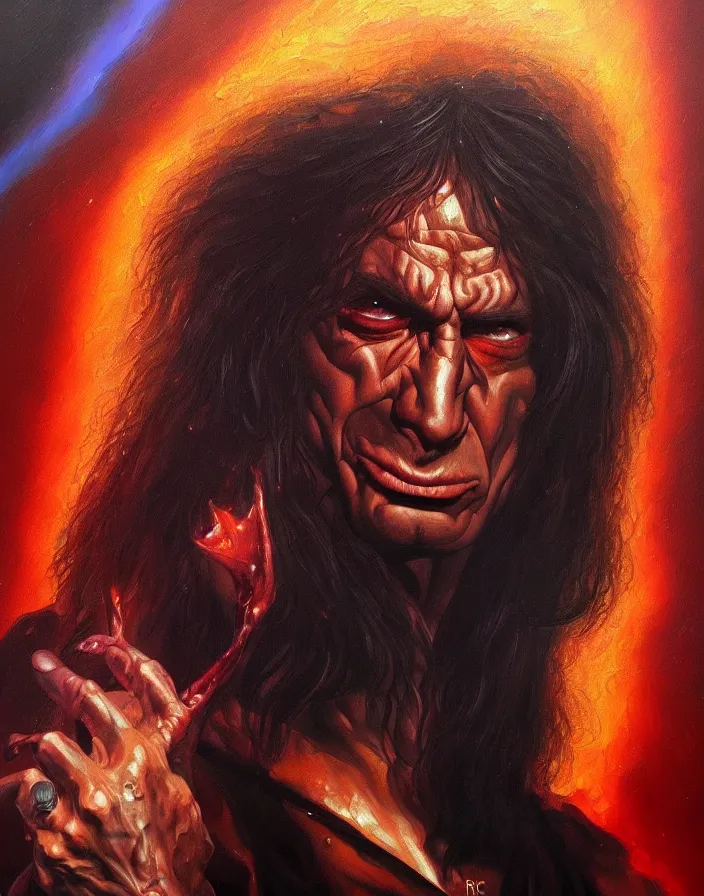 Prompt: an epic and abstract portrait of ronnie james dio!!!!!!, hellscape!!!, oil painting, concept art, artstation, extremely detailed!!!