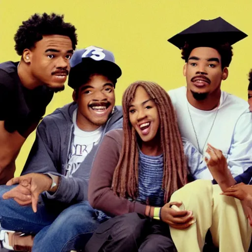 Image similar to a tv still of Chance The Rapper starring as a black college student at Jones College Prep in a 1993 sitcom