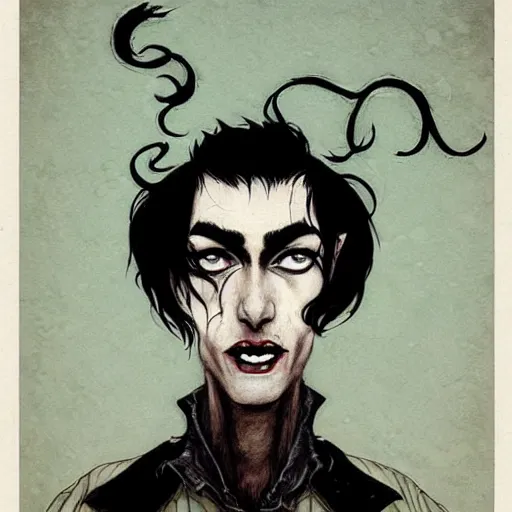 Prompt: beautiful portrait commission of a handsome alligatoah casual clothes in a vintage gothic style. black hair. pale skin, black makeup. character design by ralph steadman, detailed, inked, western comic book art