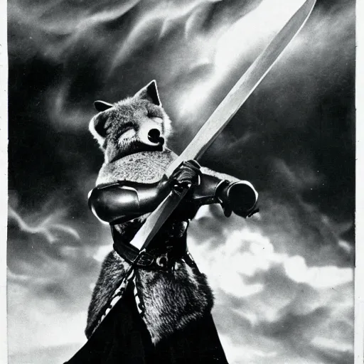 Image similar to anthropomorphic fox who is a medieval knight holding a sword towards a stormy thundercloud, 1 9 3 0 s film still