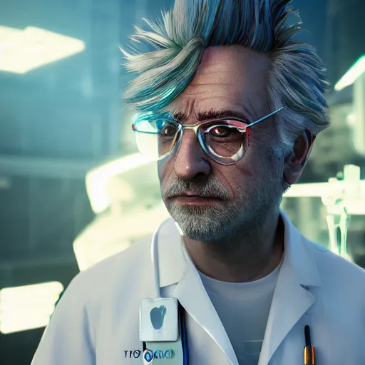 Image similar to portrait of rick sanchez, lab coat, lens flare, atmosphere, glow, detailed, intricate, full of colour, cinematic lighting, trending on artstation, 4 k, hyperrealistic, focused, extreme details, unreal engine 5, cinematic, masterpiece