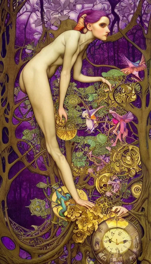 Image similar to M. C. Escher time machine, lush forest painted by tom bagshaw, mobius, mucha M. C. Escher, gold paint, ink, purple hummingbirds, gnarly details