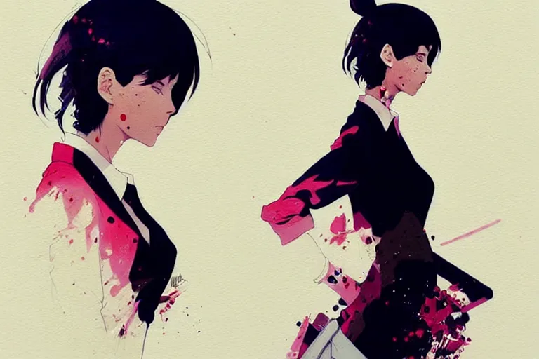 Image similar to a ultradetailed beautiful panting of a stylish woman wearing a shirt with a tie, she has black hair, by conrad roset, greg rutkowski and makoto shinkai, trending on artstation