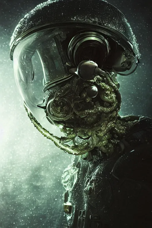Image similar to extremely detailed studio portrait of space astronaut, alien tentacle protruding from eyes and mouth, slimy tentacle breaking through helmet visor, shattered visor, full body, soft light, disturbing, shocking realization, award winning photo by michal karcz and yoshitaka amano