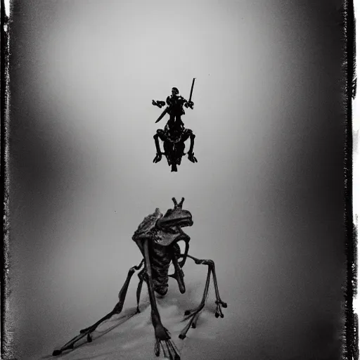 Prompt: frog horseman riding a translucent unicorn skeleton in a thick fog, polaroid photography in style of andrey tarkovski, ominous, mystical, sublime