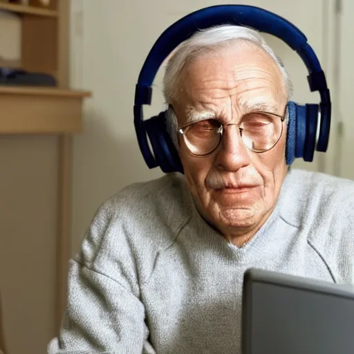 Prompt: A colored colorized real screenshot of Jerma985 as an elderly guy streaming on his computer while wearing headphones, taken in the early 2020s, taken on a 2010s Camera, realistic, hyperrealistic, very realistic, very very realistic, highly detailed, very detailed, extremely detailed, detailed, digital art, trending on artstation, headshot and bodyshot, detailed face, very detailed face, very detailed face, real, real world, in real life, realism, HD Quality, 8k resolution, intricate details, colorized photograph, colorized photon, body and headshot, body and head in view