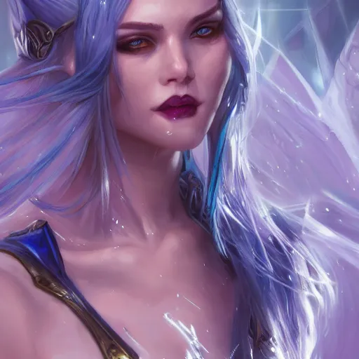 Prompt: Ice Sorceress, arrogant, Magic the Gathering, fantasy, portrait, highly detailed, digital painting, artstation, concept art, sharp focus, illustration, art by artgerm and livia prima and magali villeneuve, blue white and purple color scheme