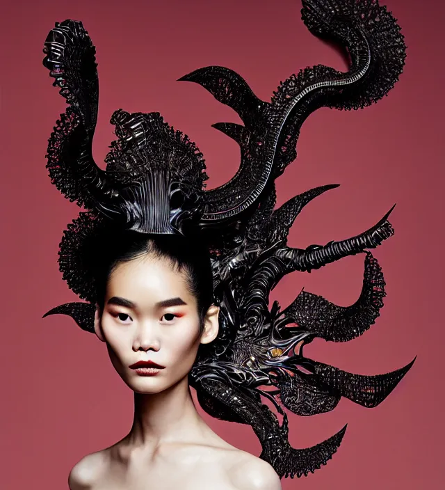 Image similar to photography american portrait of stunning model ming xi. great hair style, half in shadow, natural pose, natural lighing, rim lighting, wearing an ornate stunning sophisticated outfit made of of rigid and fluid well structured parts, created by iris van herpen, with a colorfull newbaroque makeup by benjamin puckey, highly detailed, skin grain detail, photography by paolo roversi