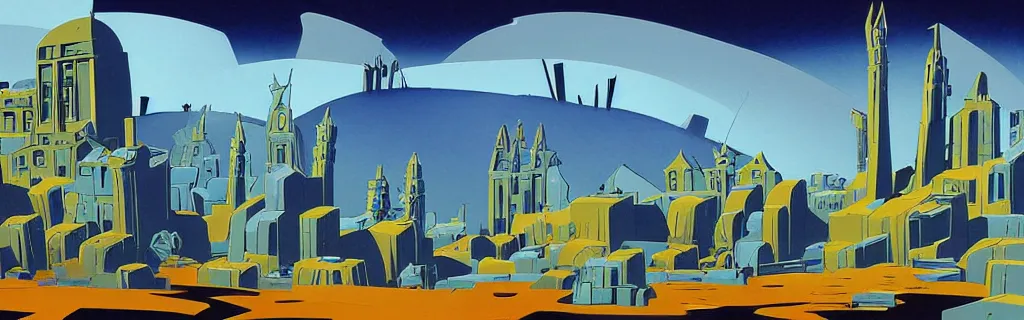 Image similar to doomsday, ruins of the city, blue and white tones, animated film, stylised, illustration, by eyvind earle, scott wills, genndy tartakovski