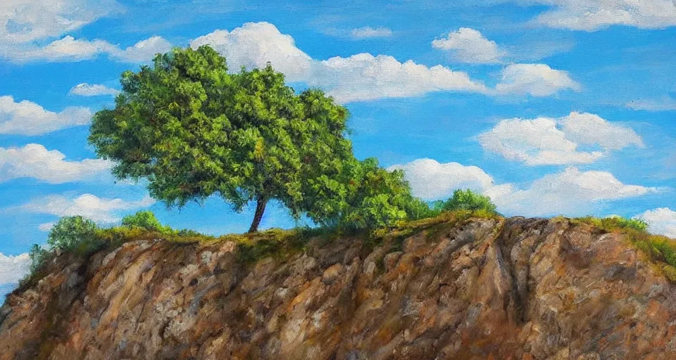 Prompt: a tree growing out of the side of a cliff, blue sky with clouds, beautiful painting, oil on canvas, by ewa czarniecka, award winning masterpiece,