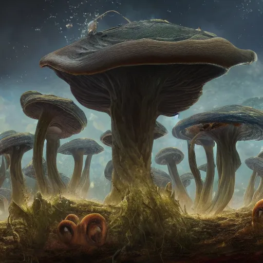 Prompt: eldritch shore scientists take their first steps on a strange alien planet full of mushrooms and other complex fungi, 8 k resolution matte painting trending on artstation an