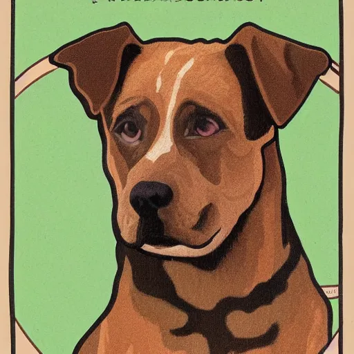 Prompt: portrait of brown danish - swedish farmdog with a background in the style of mucha