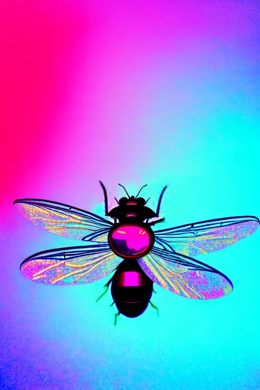 Image similar to high quality macro photo holographic neo-surreal fly! jeweled gorgeous! highly detailed digital art david ligare elson peter cinematic pink neon lighting high quality low angle hd 8k sharp shallow depth of field