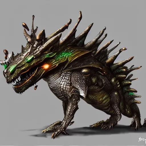 Prompt: little cute armored forest dragon, inspiring, adorable, fantasy attire, strange fantasy equipment Author, movie concept art, hyper detailed, insanely detailed,render in unreal engine 5