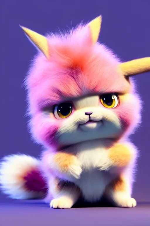 Image similar to high quality 3 d render hyperrealist very cute multicolor stripped fluffy! doe cat hybrid highly detailed, vray smooth, in the style of detective pikachu, hannah yata charlie immer, dramatic pink light, low angle, uhd 8 k, sharp focus