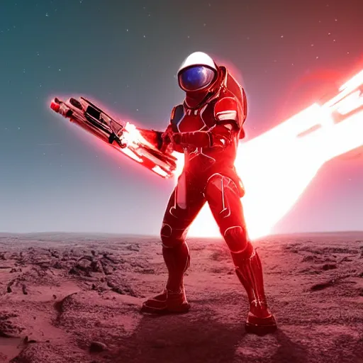 Image similar to gigachad space infantry man in glossy sleek white armor with small red details and a long red cape, heroic posture firing laser rifle, on the surface of mars, night time, dramatic lighting, cinematic, sci-fi, hyperrealistic, movie still