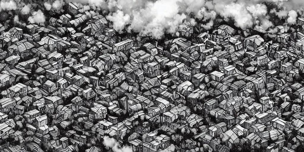 Image similar to cinematic high contrast graphic illustration of a hyper detailed village in the treetops