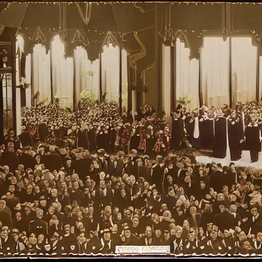 Prompt: a wide full shot, colored russian and japanese mix historical fantasy of a photograph taken of a royal wedding processional ceremony, photographic realistic, warm lighting, 1 9 0 7 photo from the official wedding photographer for the royal wedding.