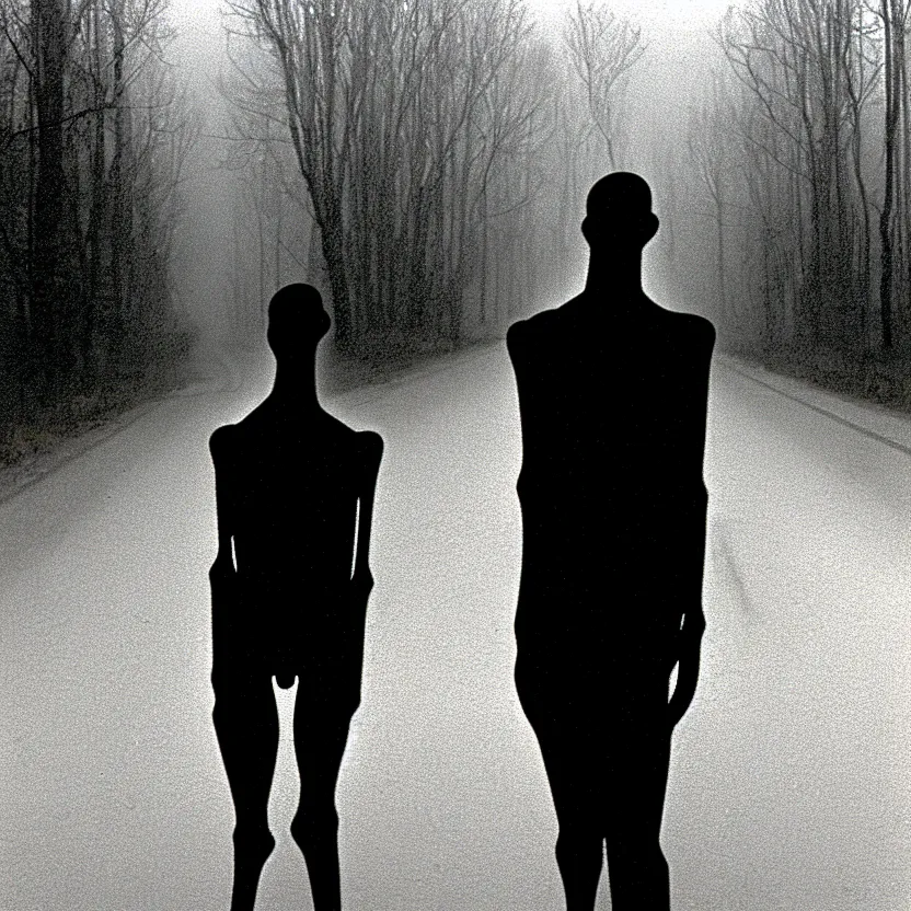 Image similar to 2 0 0 1 camcorder footage of a skinless figure standing silently on the side of a misty road