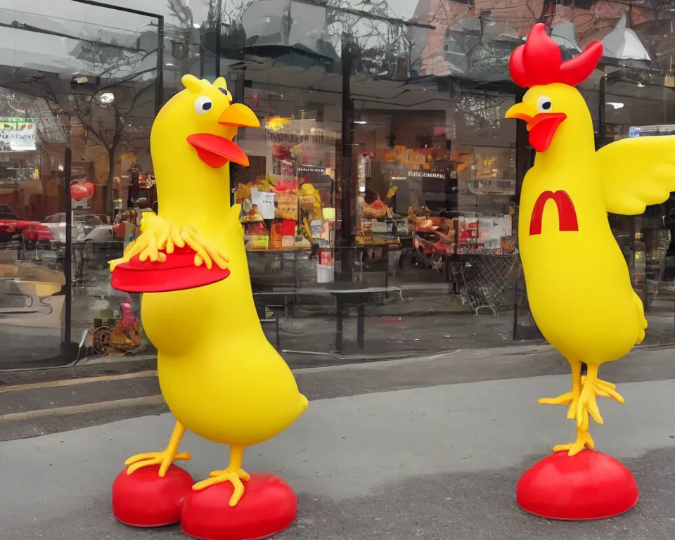 Prompt: the chicken mascot is outside of mcdonald's. it is a yellow chicken with a red mcdonald's hat on its head.