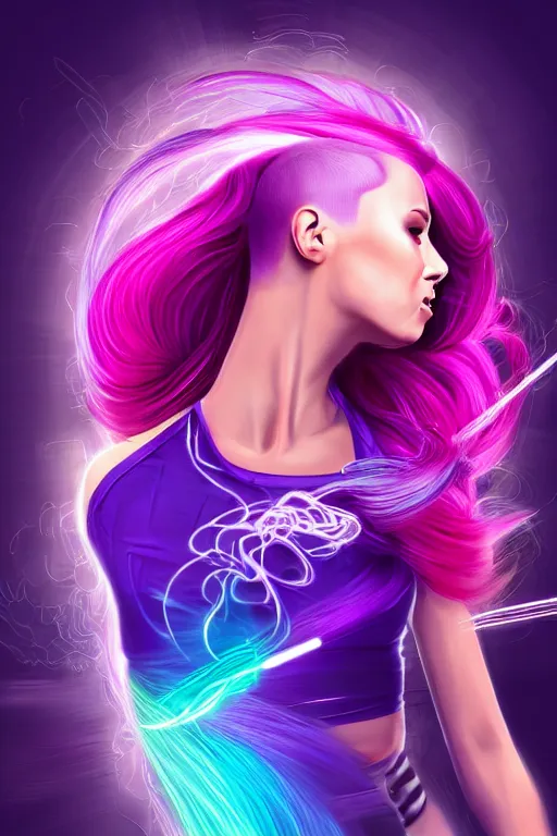 Image similar to a award winning half body portrait of a beautiful woman in a croptop and cargo pants with ombre purple pink teal hairstyle with head in motion and hair flying, surrounded by whirling illuminated lines, outrun, vaporware, shaded flat illustration, digital art, trending on artstation, highly detailed, fine detail, intricate