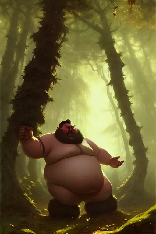 Prompt: great giant fat man with a moustache in the woods by bayard wu, anna podedworna, gaston bussiere, greg rutkowski