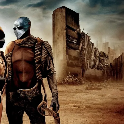 Image similar to a very huge, very big masked mutant man standing next to a very small blonde woman, they are staring at the horizon where there are the ruins of a city, postapocalyptic, mad max style, movie still