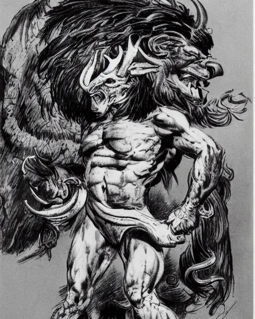 Image similar to a creature with the body and eyes of a man, with the beak of an eagle, the mane of a lion, and the horns of an ox. drawn by frank frazetta