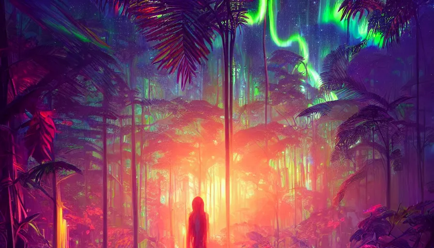 Image similar to portrait of a sparkling tropical grove with neon auroras, path traced, environment, highly detailed, high quality, digital painting, alena aenami, lilia alvarado, shinji aramaki, karol bak, alphonse mucha, tom bagshaw