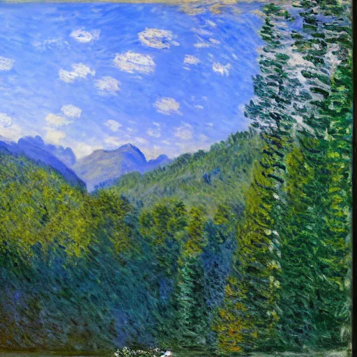 Prompt: a landscape of mountains and a forest , blue and clear sky, sun is in the top, by Claude Monet,hyper detail, digital art,high quality, trending on ArtStation,marsterpiece, —ar 16:9