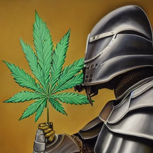 Image similar to a detaild oil painting of a full armored knight kissing a cannabis leaf