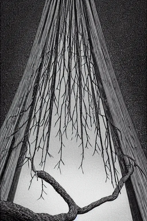 Prompt: a pompom tree with a ( trunk that is miles long ) and long branches looming miles above the viewer, viewed from below, digital illustration by chris van allsburg and artgerm, surreal, photorealistic