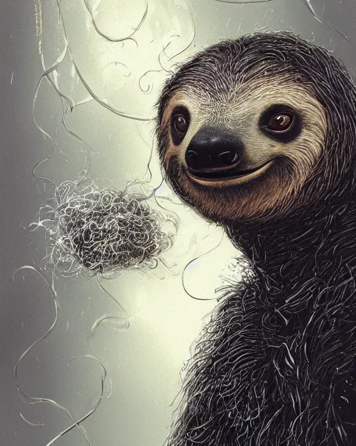 Image similar to a highly detailed portrait of a sloth wearing a black tuxedo as a devious magician radiating a powerful energy aura, wispy tendrils of smoke, swirling vortex of energy, performance art, intricate, digital painting, old english, raining, sepia, particles floating, whimsical background by marc simonetti, art by artgerm and greg rutkowski and alphonse mucha