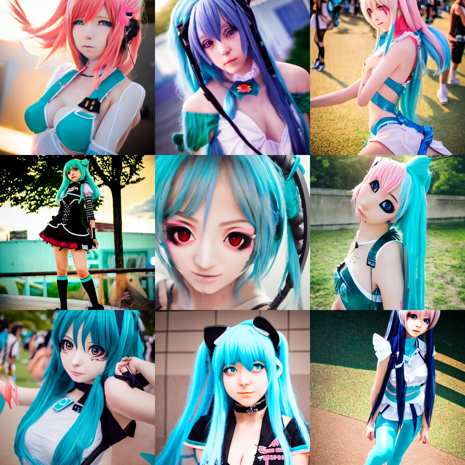 Prompt: cosplay girl inspired by the hatsune miku girl at summer comiket 2 0 1 9, golden hour, 4 k, bad vibes, realistic, detailed, dramatic