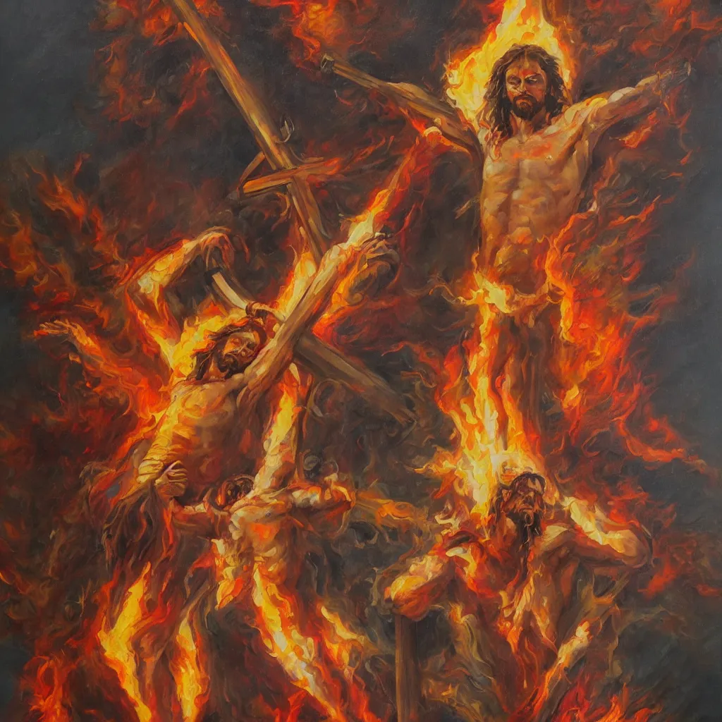 Image similar to Concept art of flaming Jesus on the cross, trending on artstation, oil on canvas, vivid color, ultra detailed.