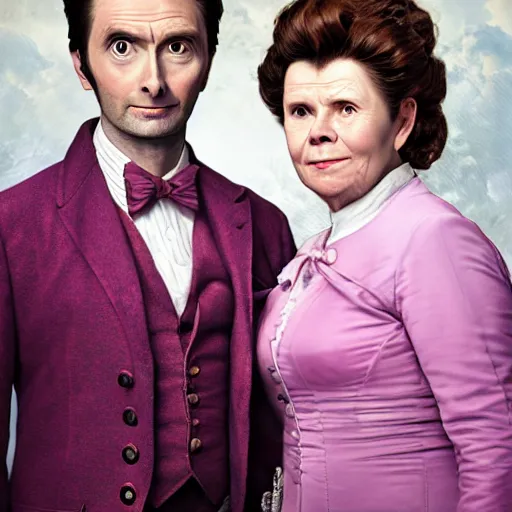 Image similar to david tennant and imelda staunton as dolores umbridge in pink clothes with the tenth doctor who, highly detailed, artstation, concept art, smooth, sharp focus, illustration, perfect face, art by willem claesz. heda, nikolay makovsky, jacek malczewski, arthur hughes, edward okun, franz xaver winterhalter