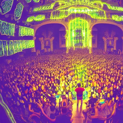 Prompt: a large crowd of people at a concert, a screenshot by alesso baldovinetti, cg society, maximalism, sanctuary, hall of mirrors, glowing neon