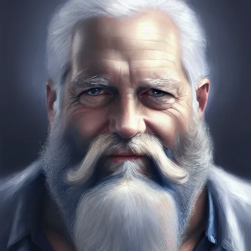 Prompt: Old man, blue eyes, bushy white beard, digital painting, lots of details, extremely detailed, 4k, intricate, brush strokes, Mark Arian, Artgerm, Bastien Lecouffe-Deharme