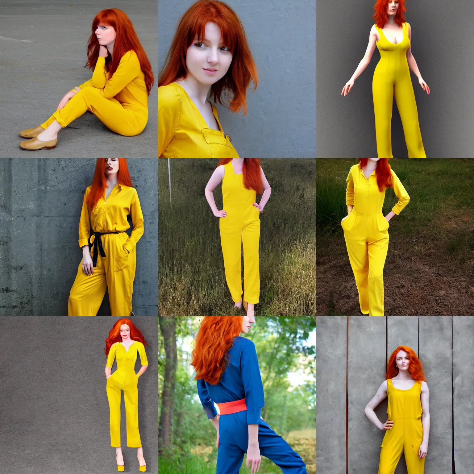 Prompt: Beautiful redhead girl wearing yellow jumpsuit, realistic photo