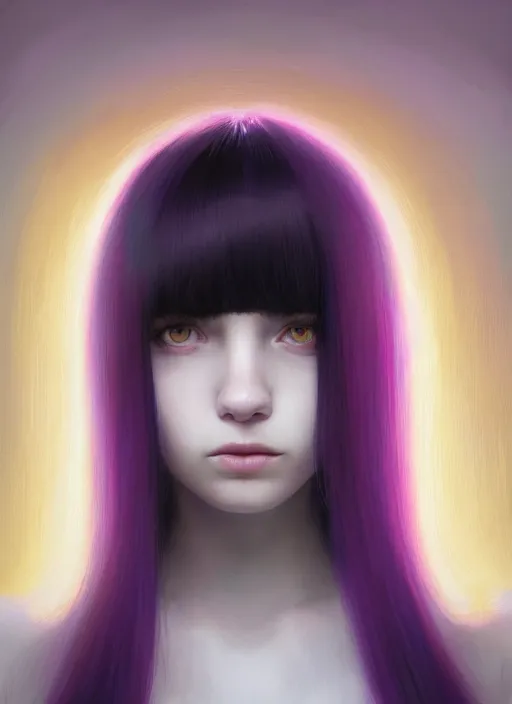 Image similar to hair whitebangs hair, black hair, whitebangs, portrait of teenage girl with white bangs, red irises, purple clothes, white bangs, bangs are different color from hair, intricate, elegant, glowing lights, highly detailed, digital painting, artstation, concept art, smooth, sharp focus, illustration, art by wlop, mars ravelo and greg rutkowski