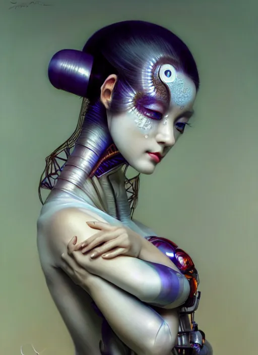 Image similar to organic Geisha cyborg, translucent pearlescent skin, diffuse lighting, fantasy, intricate, elegant, highly detailed, lifelike, photorealistic, digital painting, artstation, illustration, concept art, smooth, sharp focus, art by John Collier and Albert Aublet and Leonardo da vinci and Krenz Cushart and Artem Demura and Alphonse Mucha