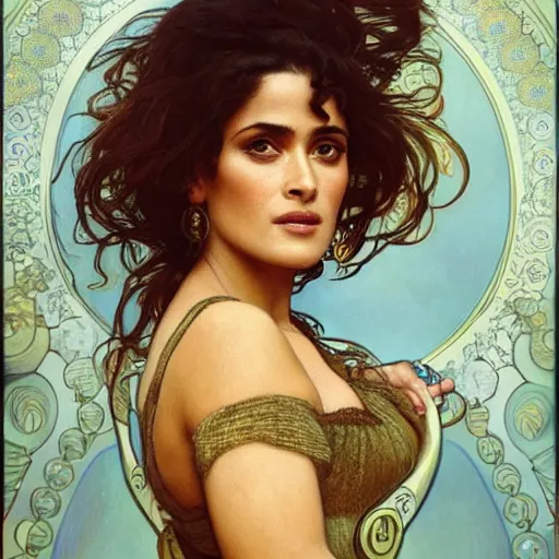 Image similar to salma hayek medium shot portrait by alphonse mucha, perfect proportions, beautiful face, perfect eyes, real life colors, elegant, sharp focus, hyper - realistic, 4 k, highly detailed, hd, dramatic lighting by brom