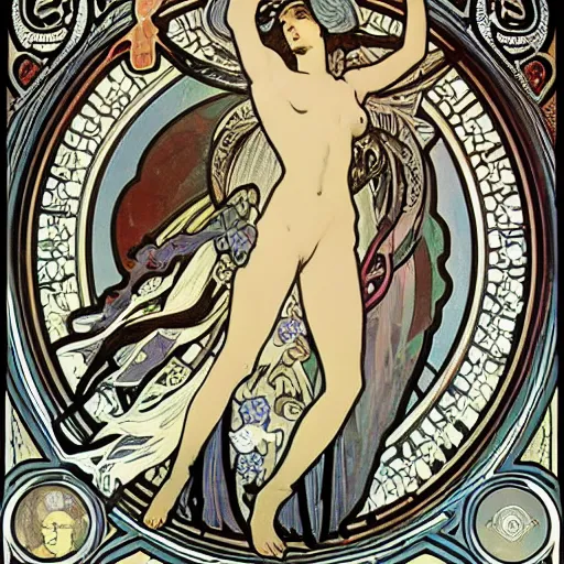 Image similar to a beautiful female necromancer surrounded by skulls by Alphonse Mucha