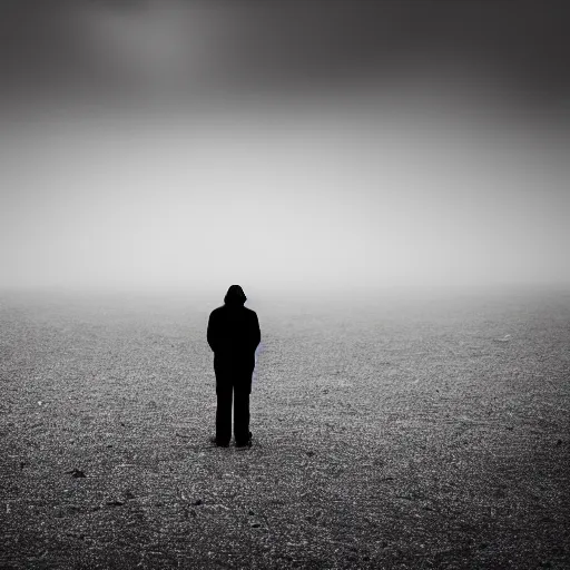 Image similar to a lonely man standing on a deserted planet, dreary, head down, smokey, mist, blur, ambient lighting, photograph, 24mm,