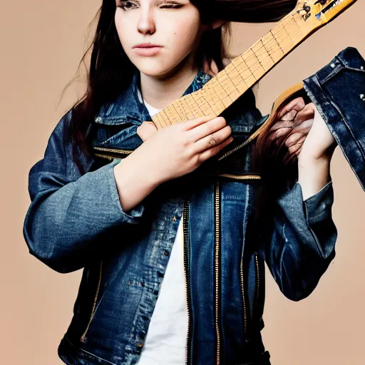 Image similar to 19-year-old girl wearing leather jacket and denim jeans, permed hair, holding electric guitar, stoner rock, HD photograph, heavy rock concert, live concert footage